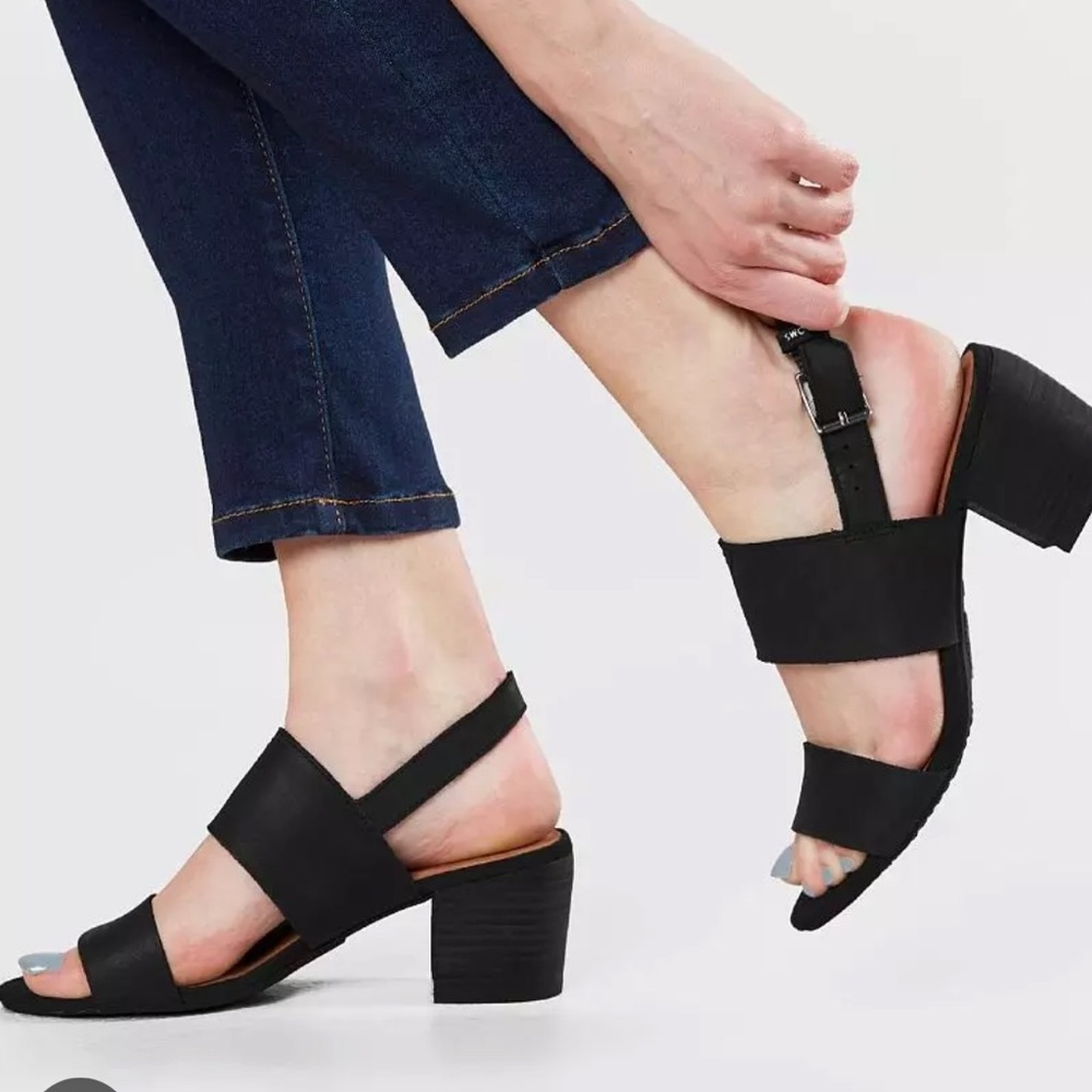 Toms Black Two-Strap Block Heel Slingback Sandals
